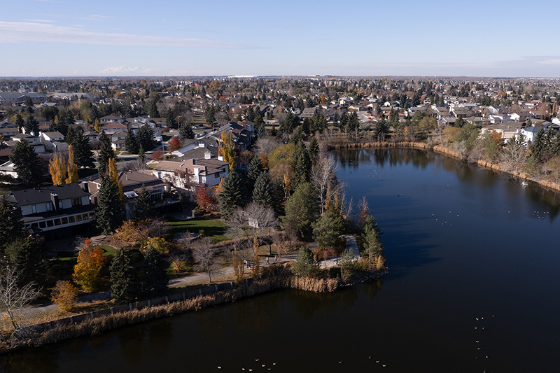 A drone shot of Lake Beaumaris in Castle Downs, Edmonton.