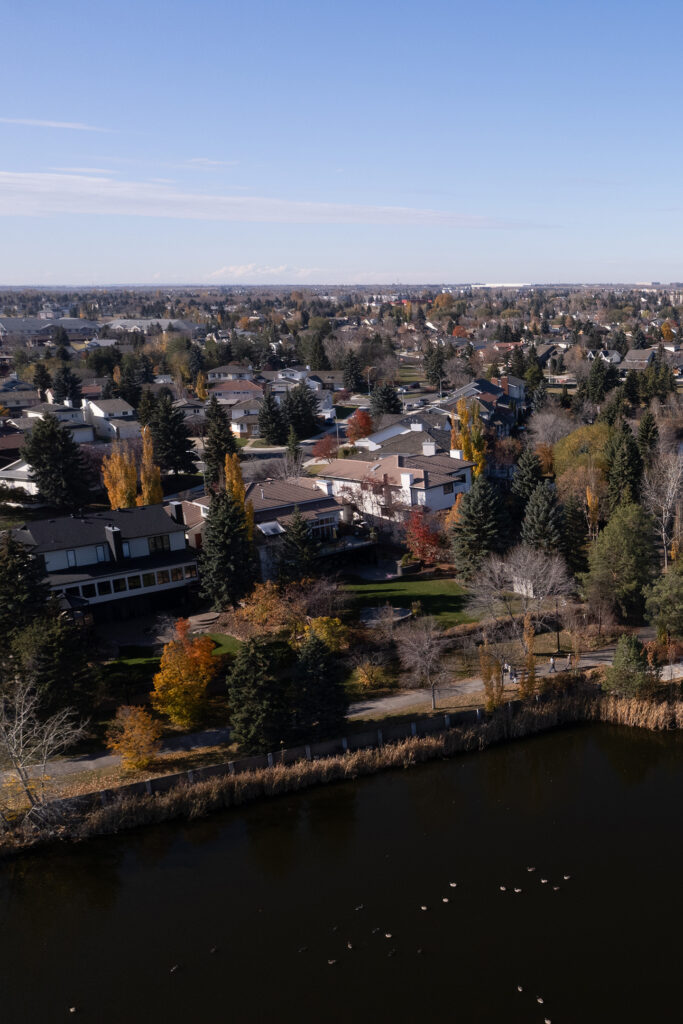 A drone shot of Lake Beaumaris in Castle Downs, Edmonton.