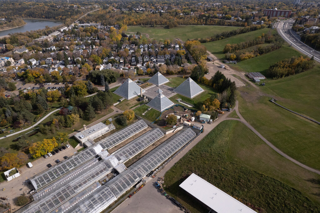 An aerial view of the Muttart conservatory and the Cloverdale neighbourhood.