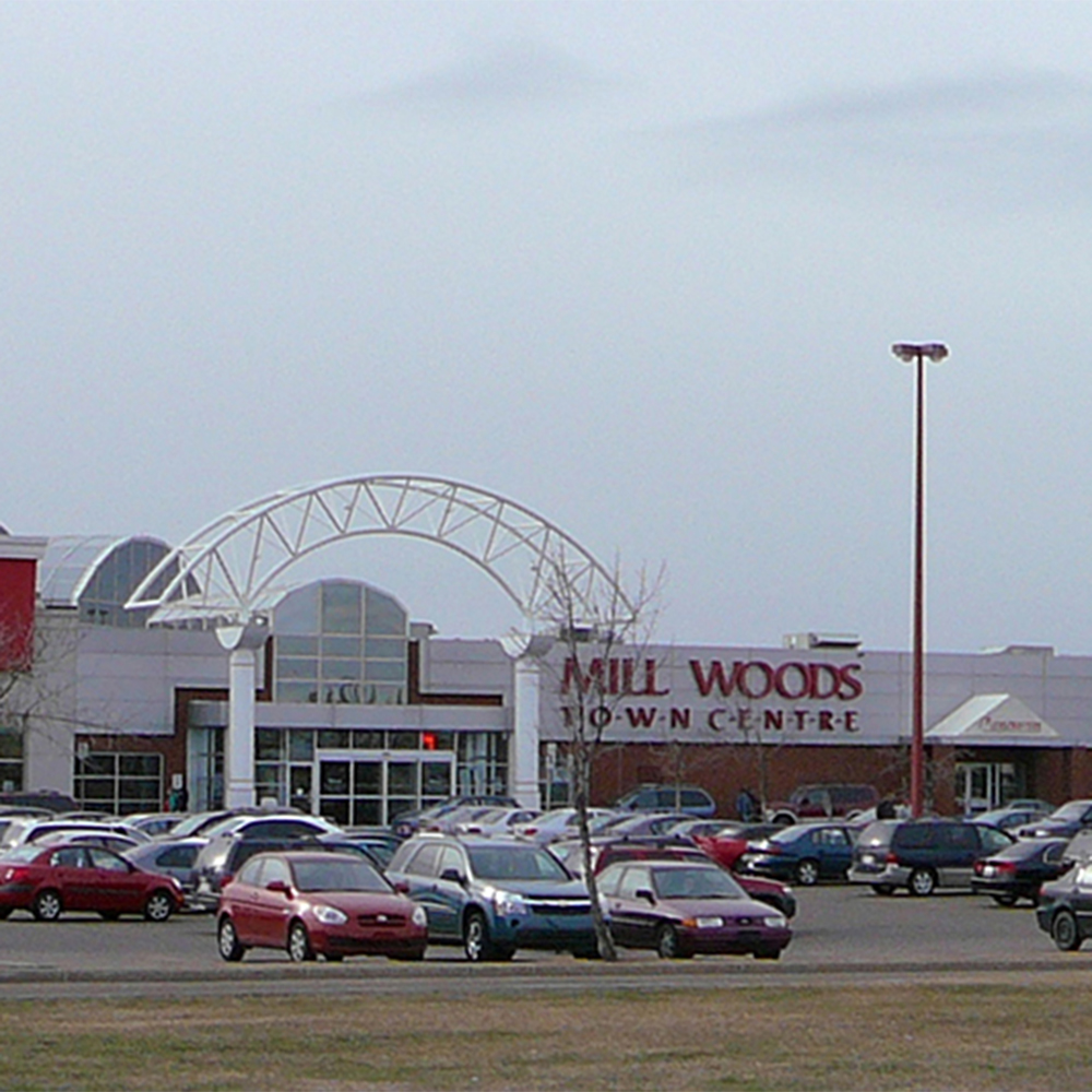 An exterior shot of the Mill Woods Towne Centre parking lot.