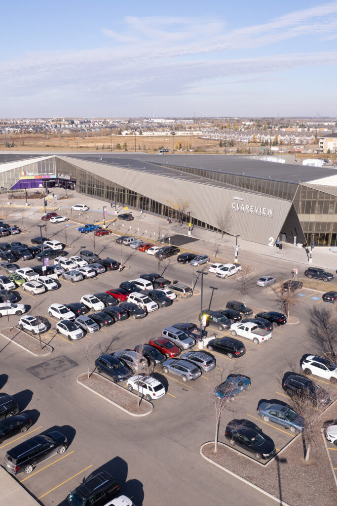 A drone shot of northeast Edmonton shows Clareview Rec Centre.