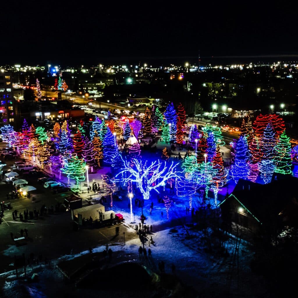 Dozens of evergreen trees wrapped in coloured lights glow over a snowy plaza in Spruce Grove, with crowds gathered below and the town's lights stretching to the horizon.