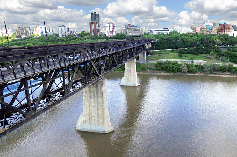 The High Level Bridge over the North Saskatchewan River in Edmonton, facing the Legislature building.