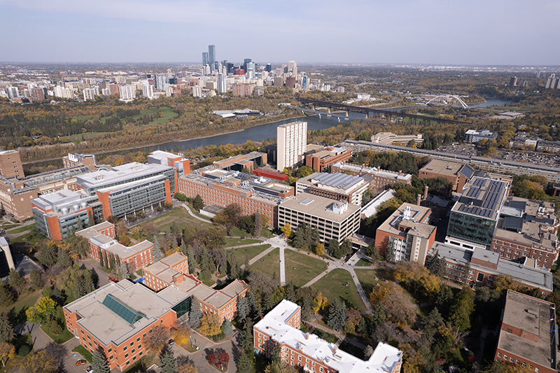 An aerial view of central Edmonton looking towards downtown and across the river.