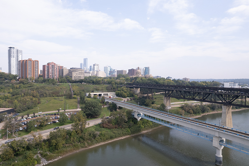 An aerial view of two bridges crossing the North Saskatchewan river.