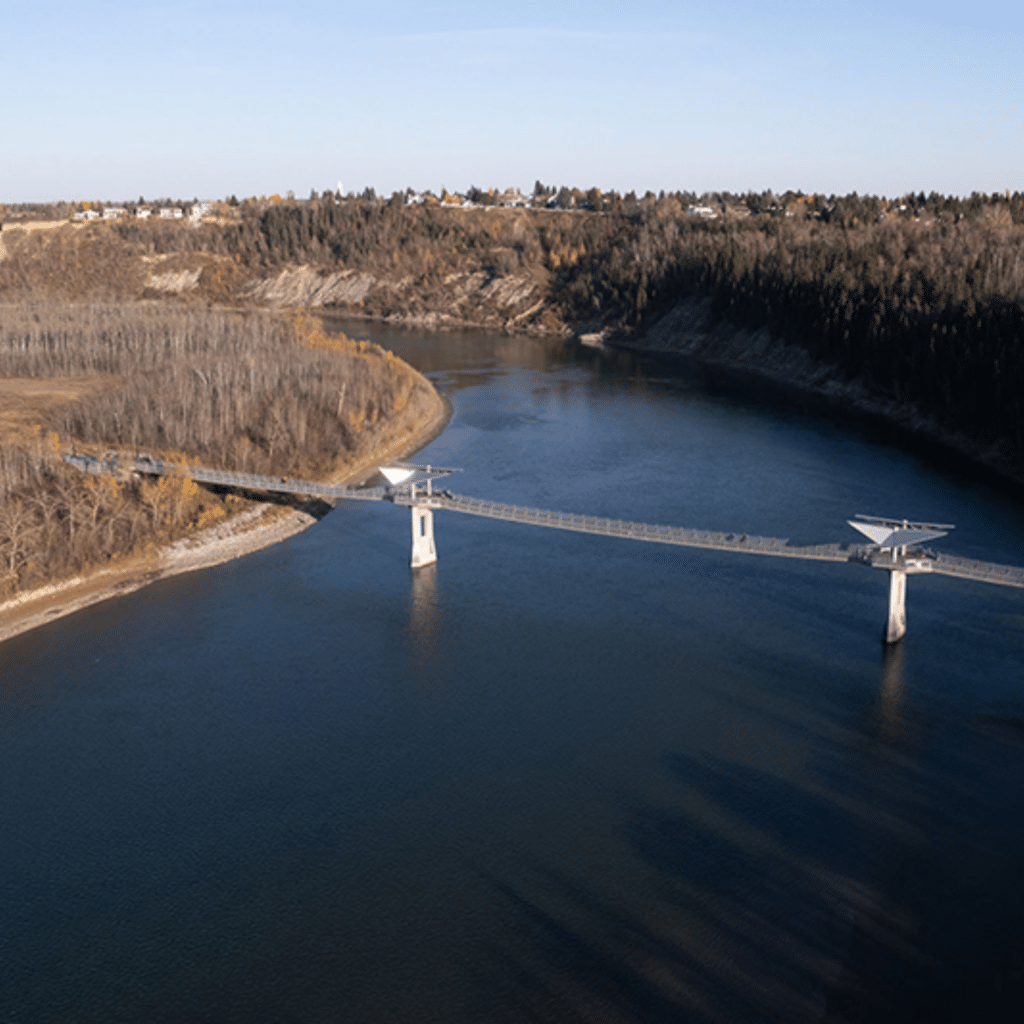 An aerial view of the Terwillegar footbridge over the North Saskatchewan River.