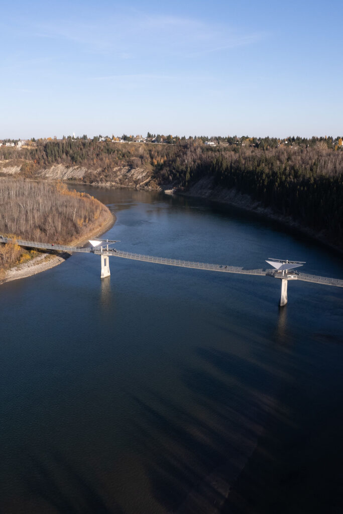 An aerial view of the Terwillegar footbridge over the North Saskatchewan River.