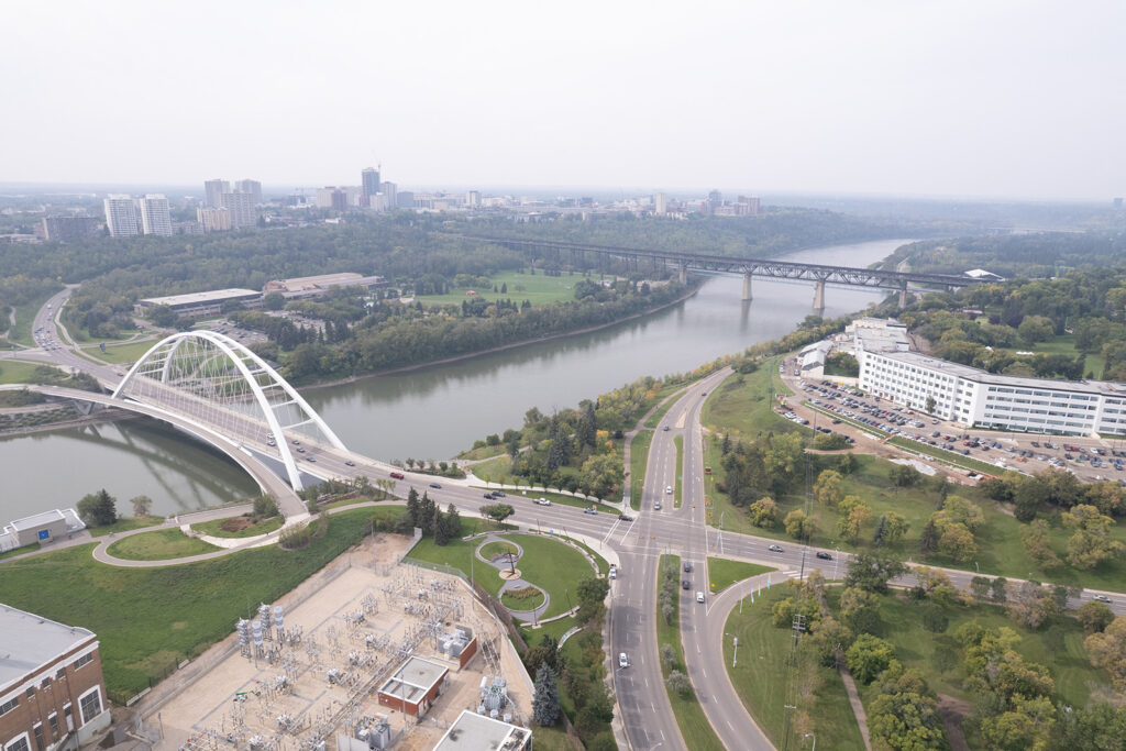 An aerial view of the Rossdale neighbourhood. The High Level and Walterdale bridges cross the North Saskatchewan River.