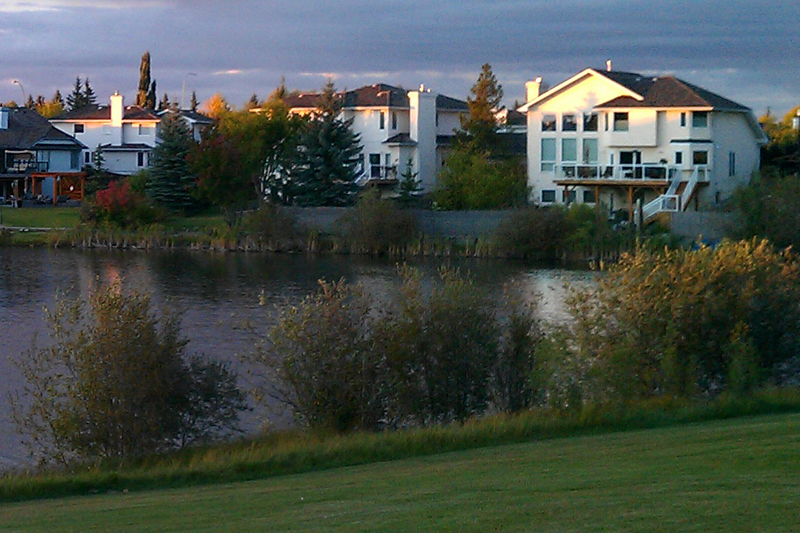 A view of homes and a lake in Sherwood Park, Alberta.