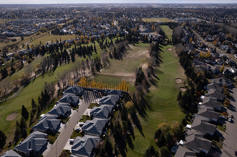 A drone shot of the Spruce Grove golf course.