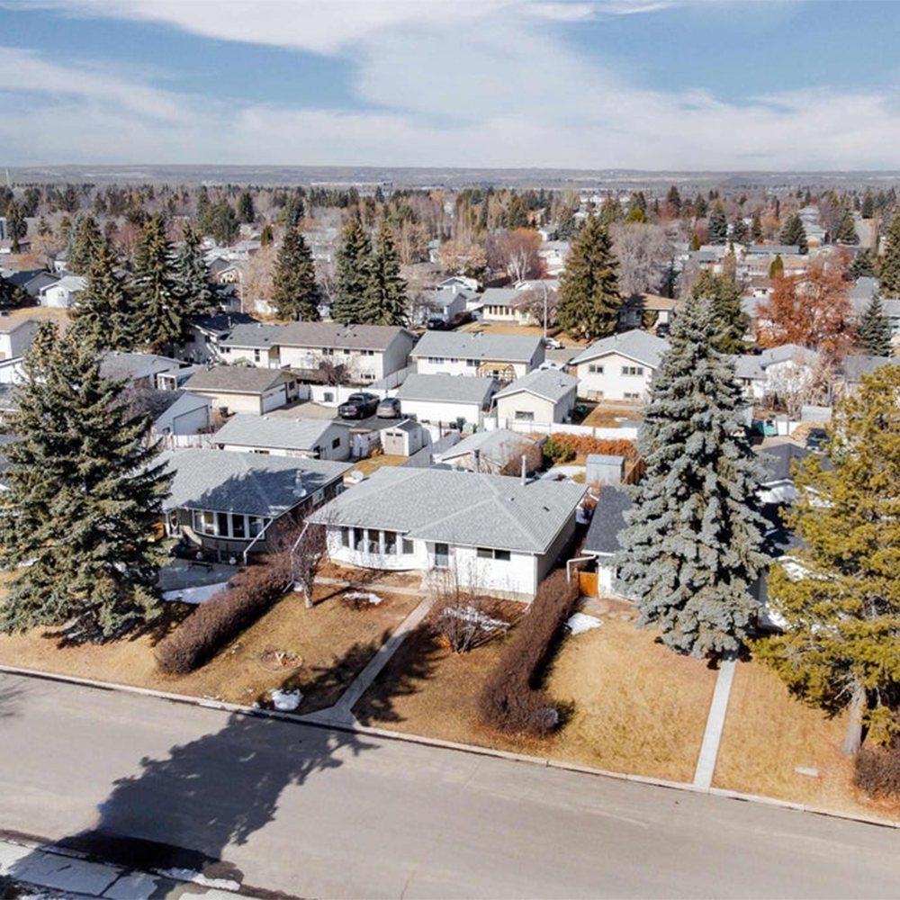 A drone shot of homes in a neighbourhood in Spruce Grove.
