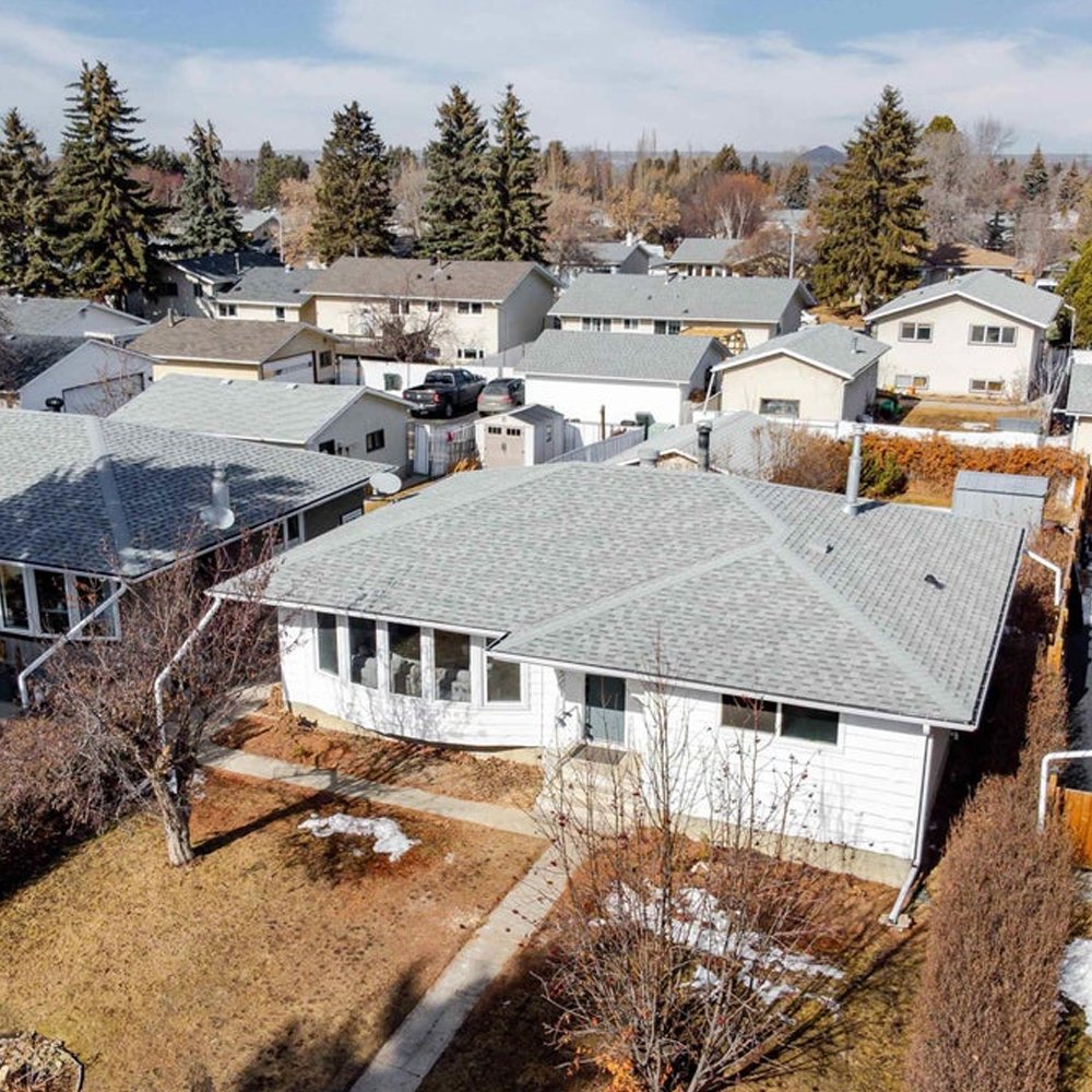 A drone shot of homes in a neighbourhood in Spruce Grove.