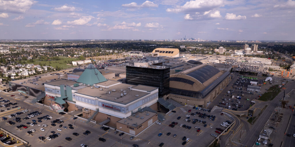 An aerial shot of West Edmonton Mall, downtown Edmonton in the background.