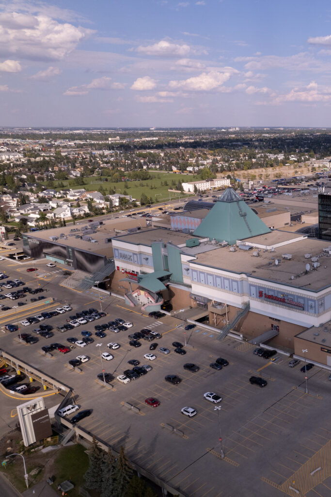 An aerial shot of West Edmonton Mall, downtown Edmonton in the background.