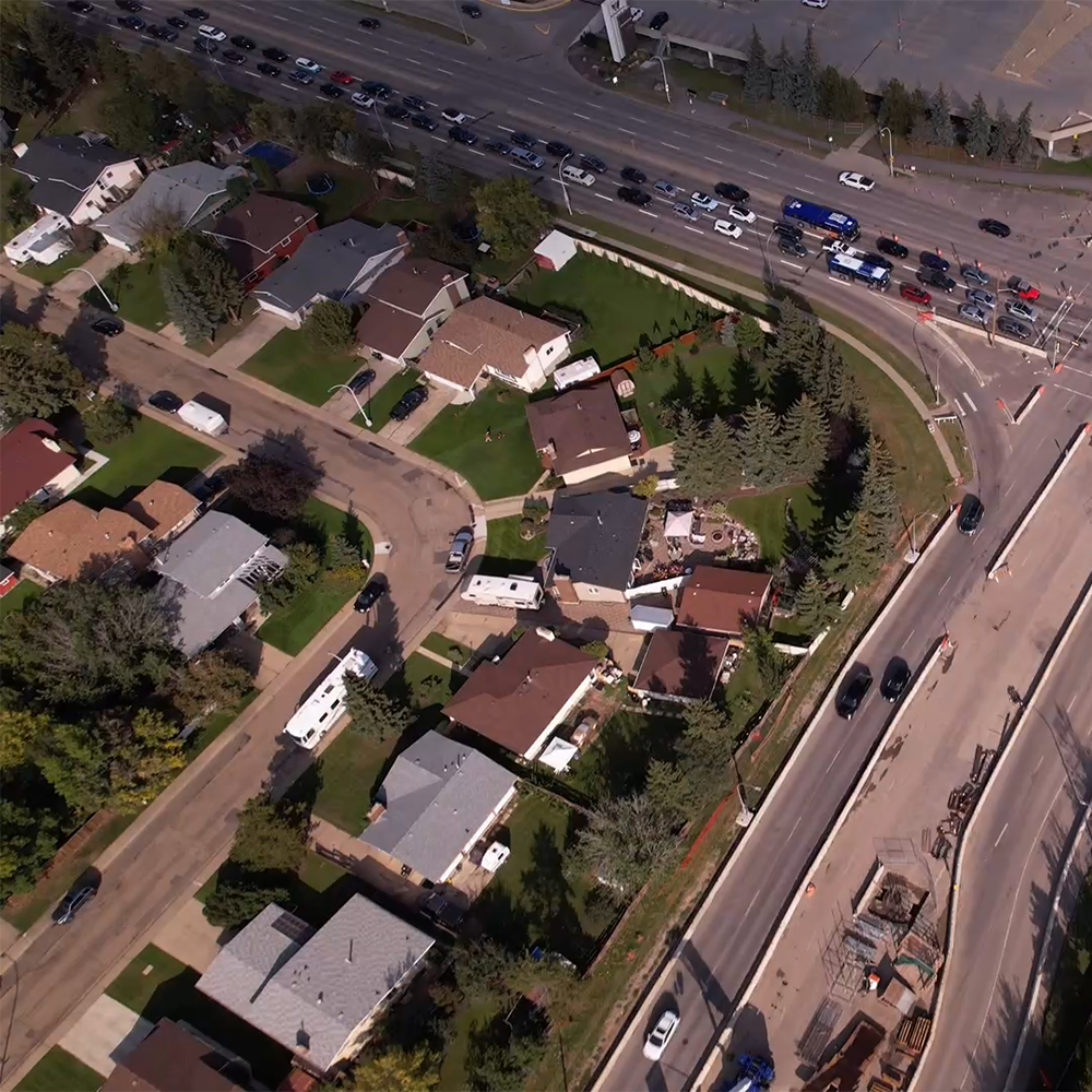 An aerial shot of homes in West Edmonton.