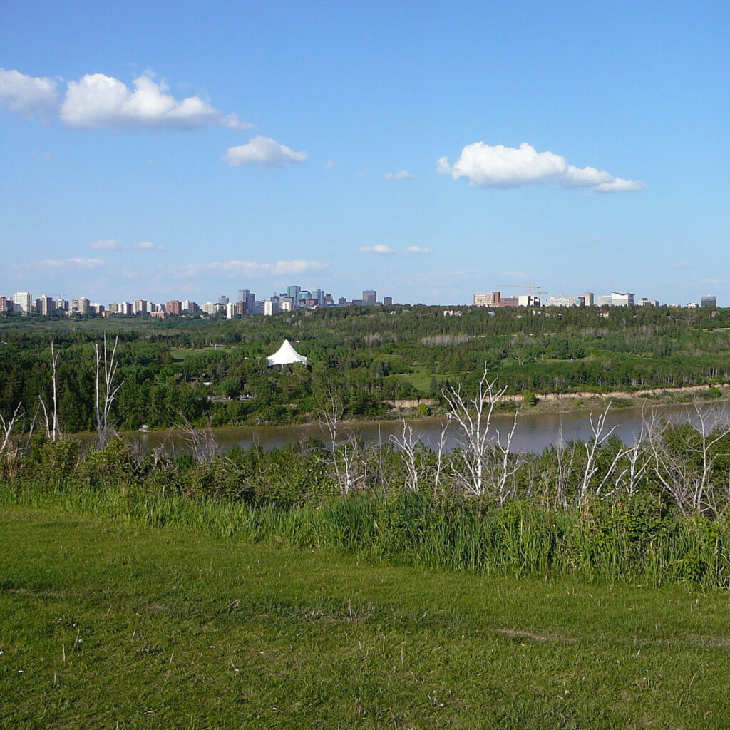 City skyline viewed across a wide river and green parkland, with trees in the foreground and a blue sky with scattered clouds.