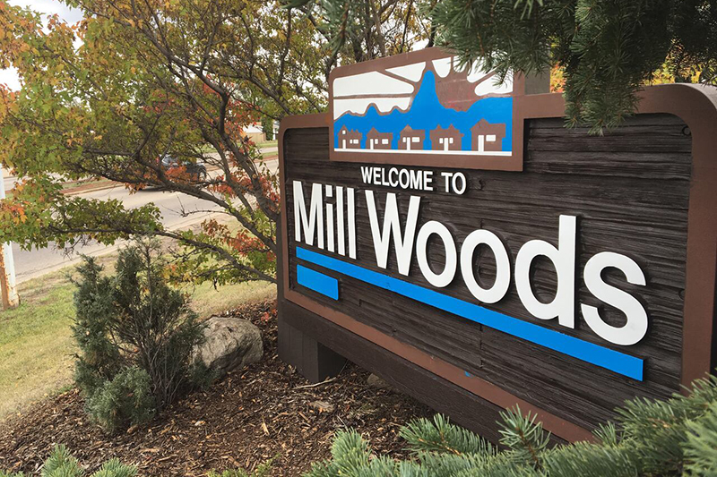 The Mill Woods community sign reads: Welcome to Mill Woods.