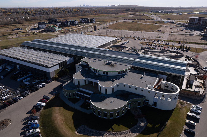 A drone shot of the Enjoy Centre in St. Albert.