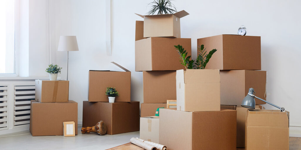 Minimal background image of cardboard boxes stacked in empty room with plants and personal belongings inside.