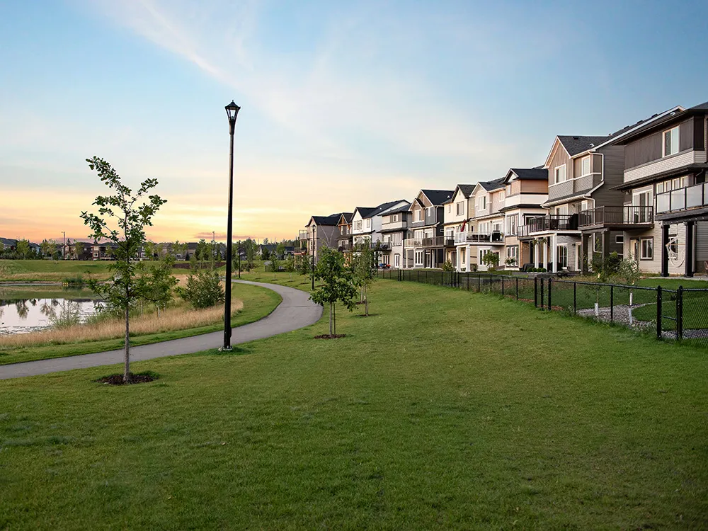 Row of houses facing park in Edgemont neighbourhood in West Edmonton.