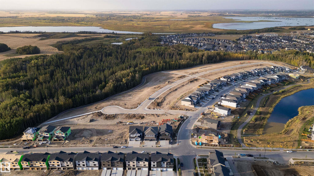Aerial view of nature and houses in Kinglet Gardens a Northwest community in Edmonton.