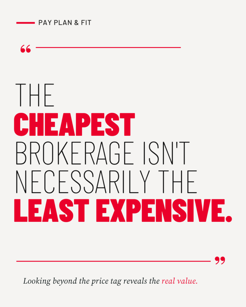 Pay Plan and Fit: "The cheapest brokerage isn't necessarily the least expensive." Looking beyond the price tag reveals the real value.
