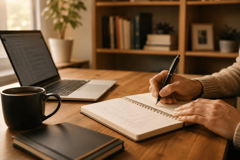 Close-up of hands writing in a notebook beside an open laptop on a wooden desk, with a coffee cup nearby.