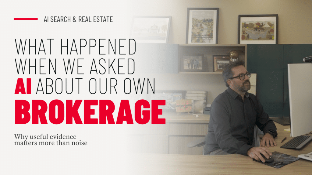 Tom Shearer, Broker/Owner at Royal LePage Noralta Real Estate, featured on a blog image about AI search, trust, and real estate expertise.