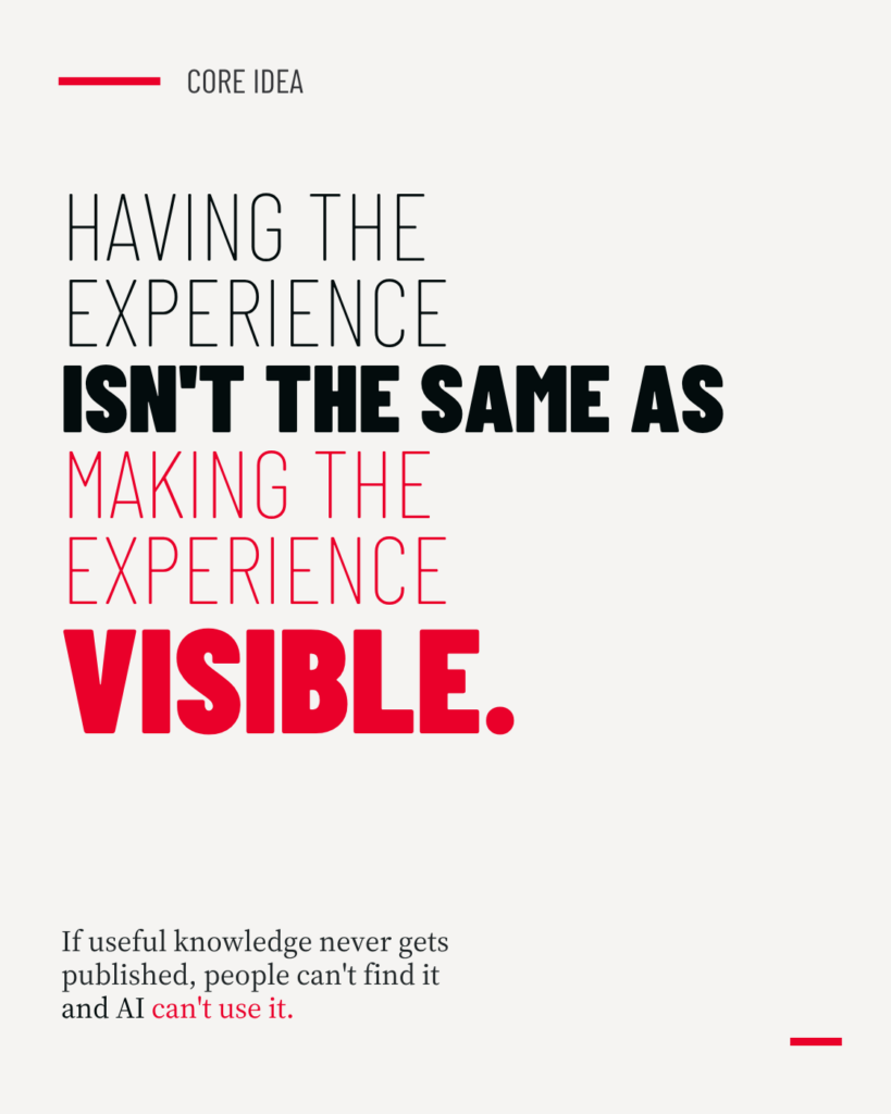 Editorial concept graphic stating that having experience is not the same as making experience visible.
