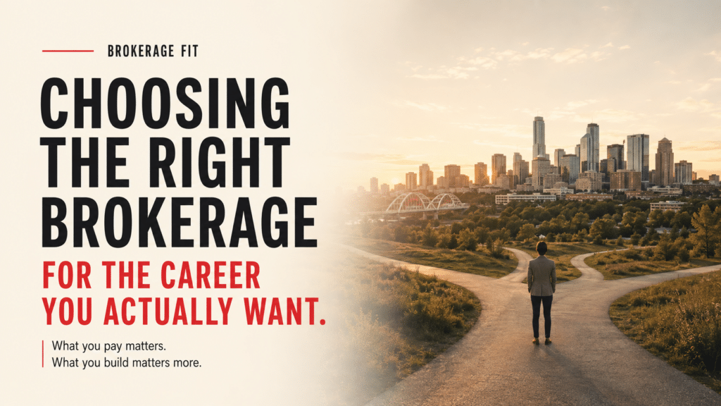 Choosing the right brokerage for the career you actually want. A person stands at a fork in a path overlooking the Edmonton skyline at sunset. What you pay matters. What you build matters more.