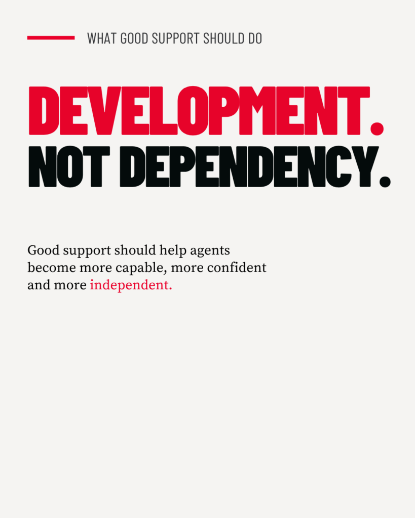 a bold typographic editorial graphic in the Royal LePage Noralta authority-series design system. “WHAT GOOD SUPPORT SHOULD DO.” “DEVELOPMENT. NOT DEPENDENCY.” with a small support line: “Good support should help agents become more capable, more confident and more independent.
