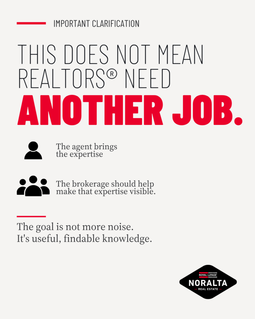 Graphic explaining that agents do not need another job and that the brokerage should help make expertise visible.