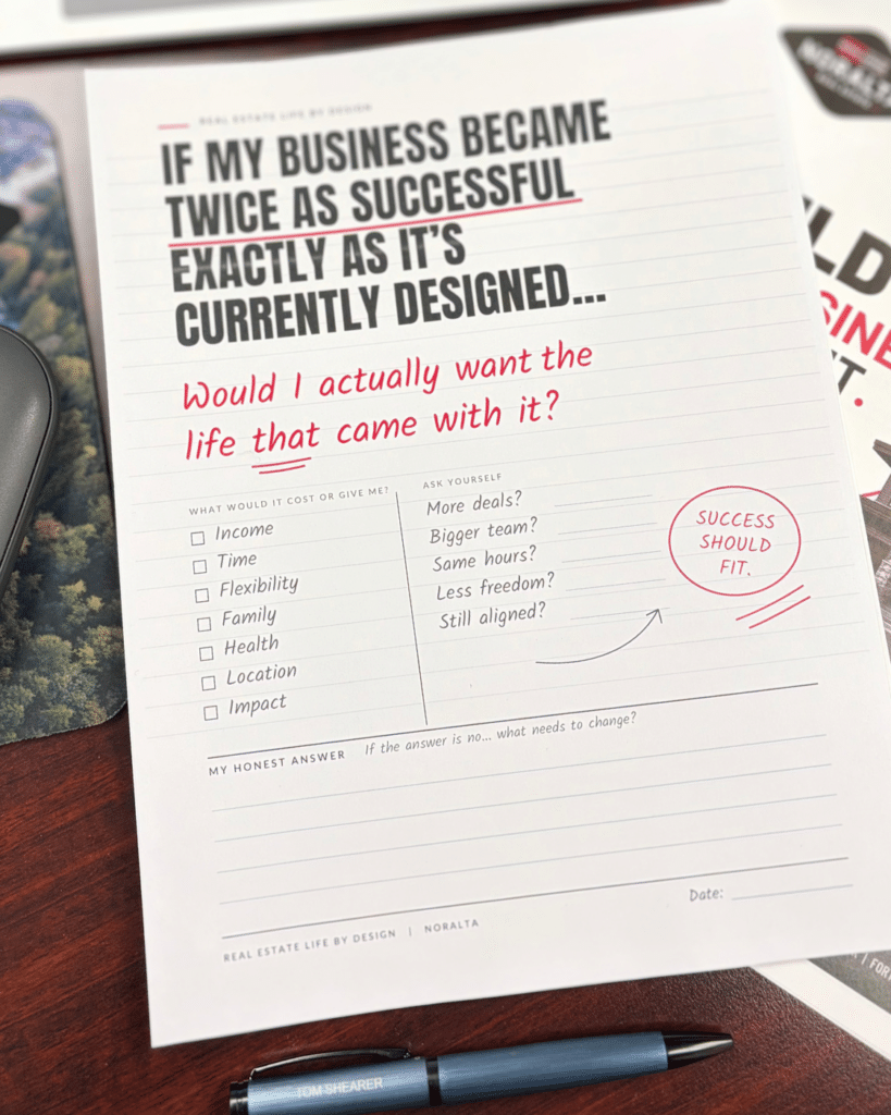 Career planning worksheet asking whether you would want the life created if your real estate business became twice as successful as currently designed.