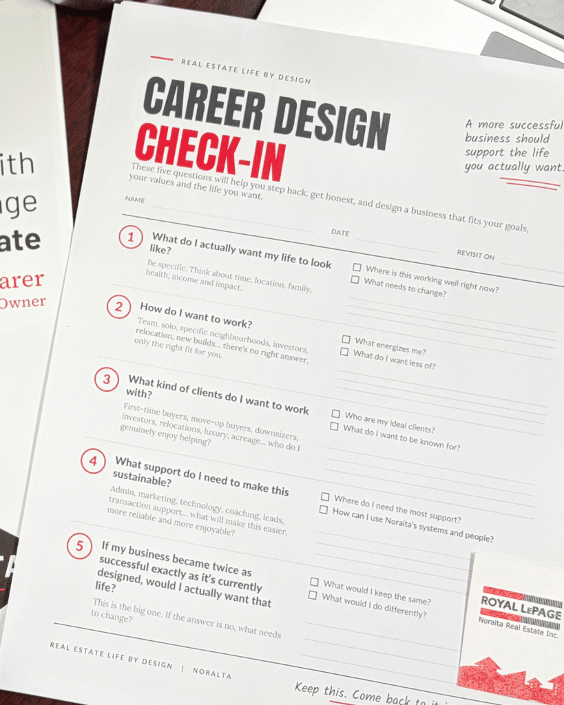 Printable Career Design Check-In with five questions about lifestyle, work style, ideal clients, support and sustainable business growth.