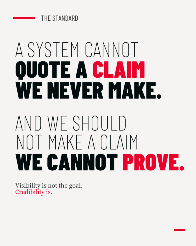 Quote card reading: “A system cannot quote a claim we never make. And we should not make a claim we cannot prove.”