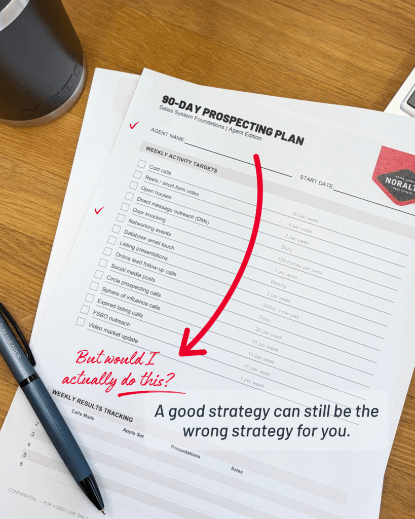 Printed 90-day real estate prospecting plan with activities including cold calls, open houses, networking and social media, marked with the question, “But would I actually do this?”