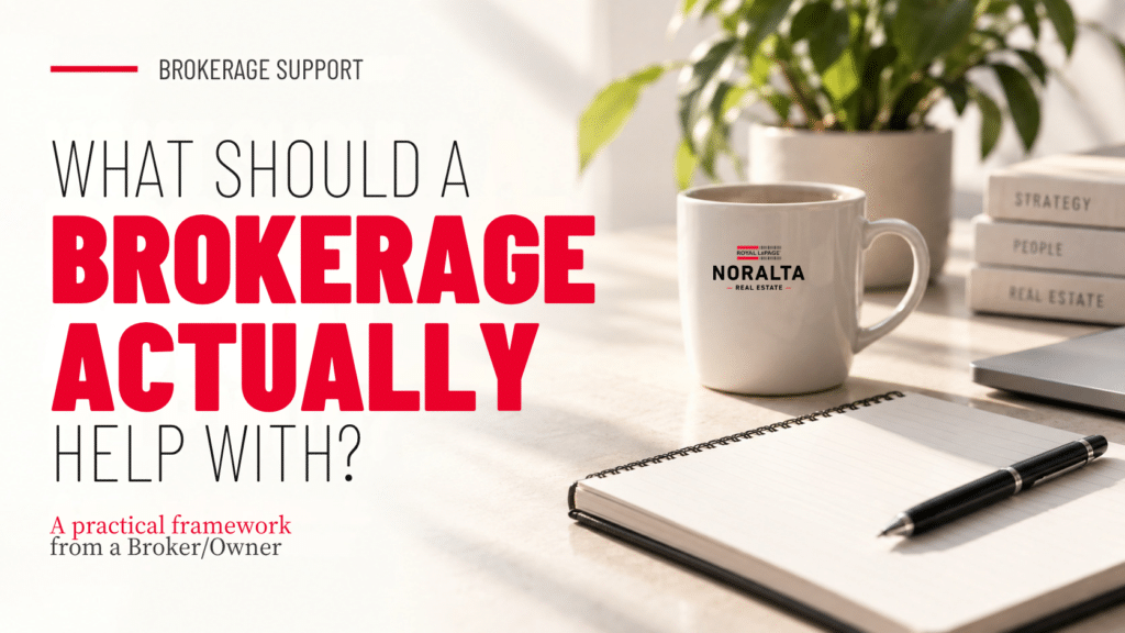 Feature graphic for a blog about brokerage support, showing a clean desk scene with strategic planning materials and the headline “What should a brokerage actually help with?”
