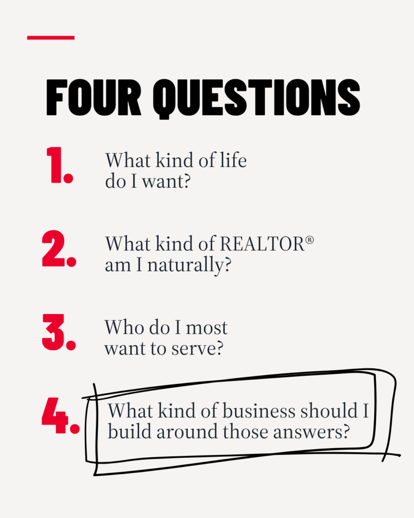 List titled “Four questions”: what kind of life do I want, what kind of REALTOR® am I naturally, who do I most want to serve, and what kind of business should I build around those answers. Question 4 is circled.