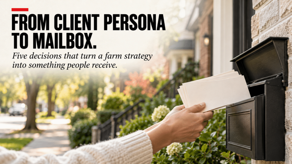 A hand placing blank mail into a wall-mounted mailbox, with the headline “From client persona to mailbox.”