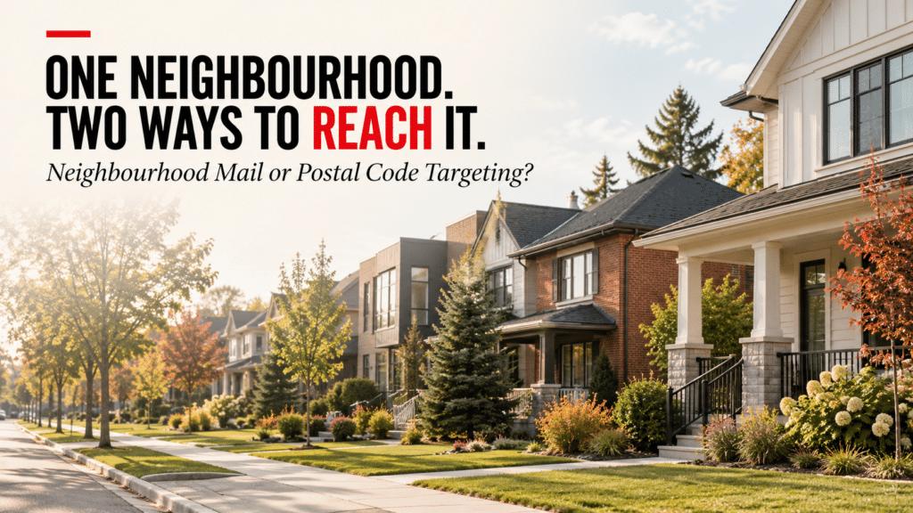 A residential street with the headline “One neighbourhood. Two ways to reach it.” and the subline “Neighbourhood Mail or Postal Code Targeting?”