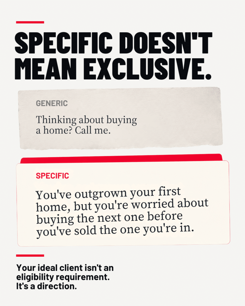 Two message examples. Generic: “Thinking about buying a home? Call me.” Specific: “You’ve outgrown your first home, but you’re worried about buying the next one before you’ve sold the one you’re in.”