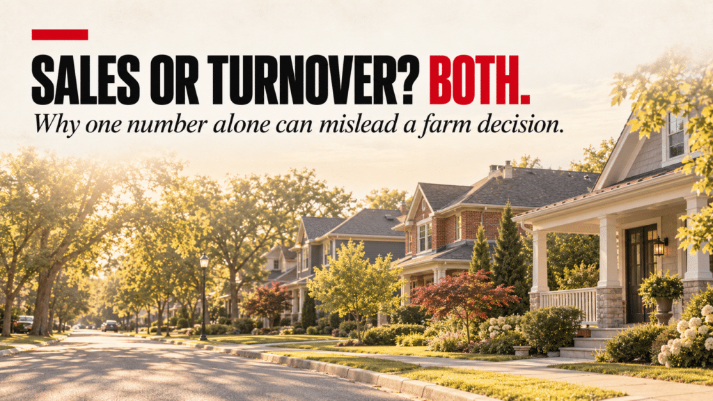 "Sales or turnover? Both. Why one number alone can mislead a farm decision." over a residential street.