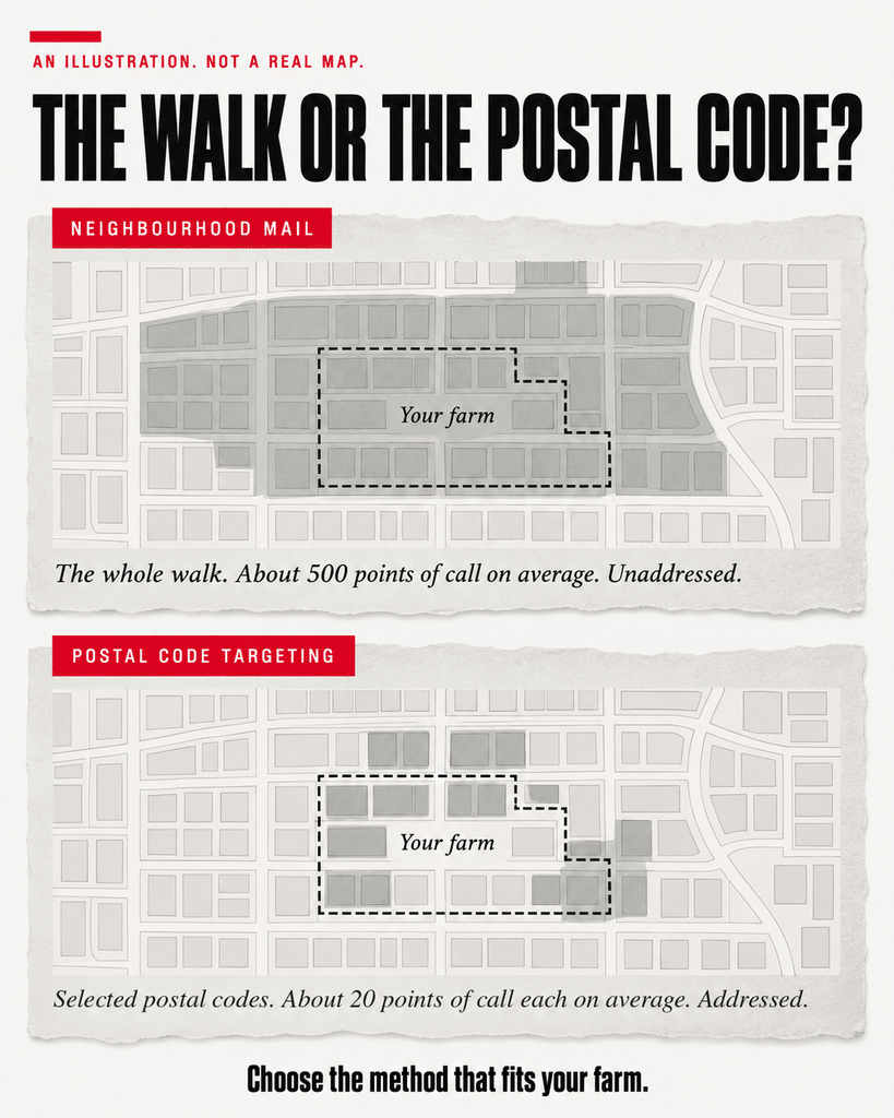 Two simple illustrated maps of the same farm area. Neighbourhood Mail covers a whole postal walk, about 500 points of call on average, unaddressed. Postal Code Targeting covers selected postal codes, about 20 points of call each on average, addressed. An illustration, not a real map. Choose the method that fits your farm.